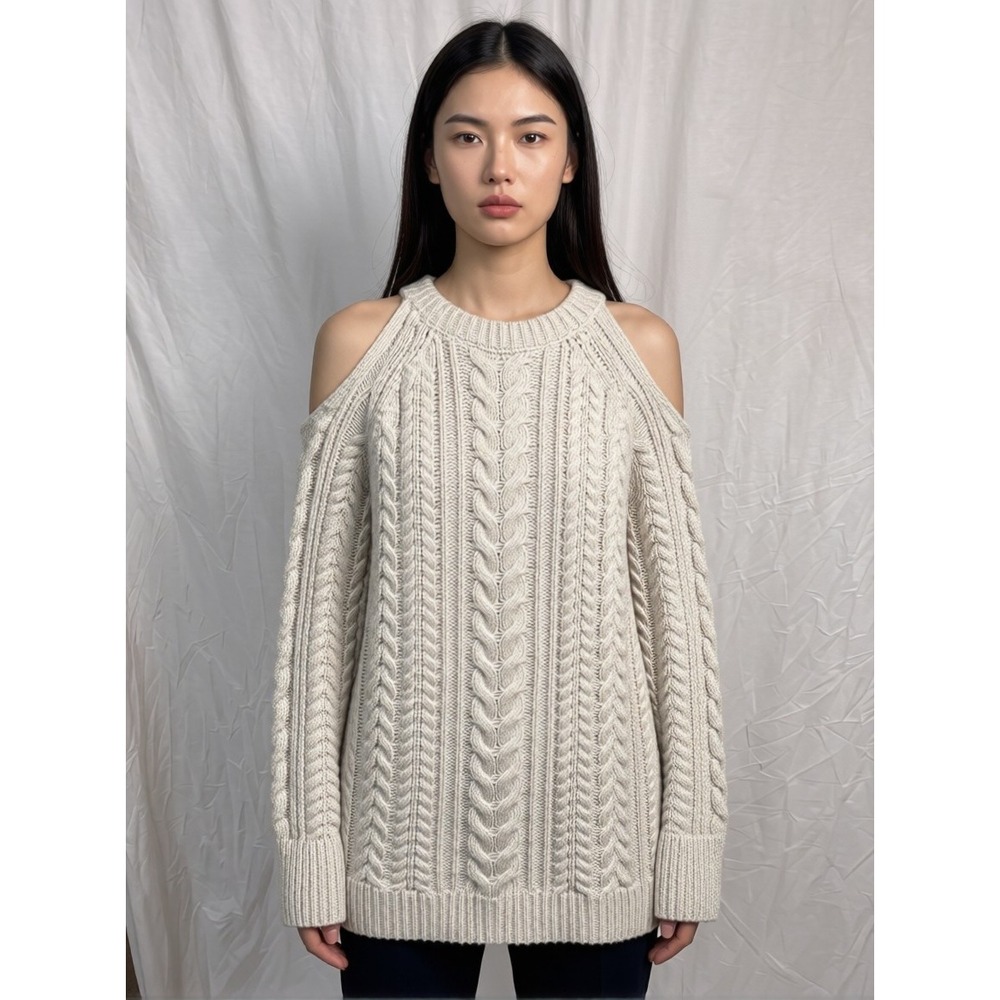 Soft Surroundings Womens Cold Shoulder Cable Knit Sweater Oatmeal Beige Medium